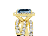 Yellow gold Emerald Cut Aquamarine Halo Ring with Round Split Shank and Prong Setting_54