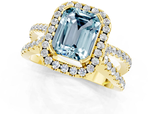 Yellow gold Emerald Cut Aquamarine Halo Ring with Split Shank Pavé Band and Prong Setting