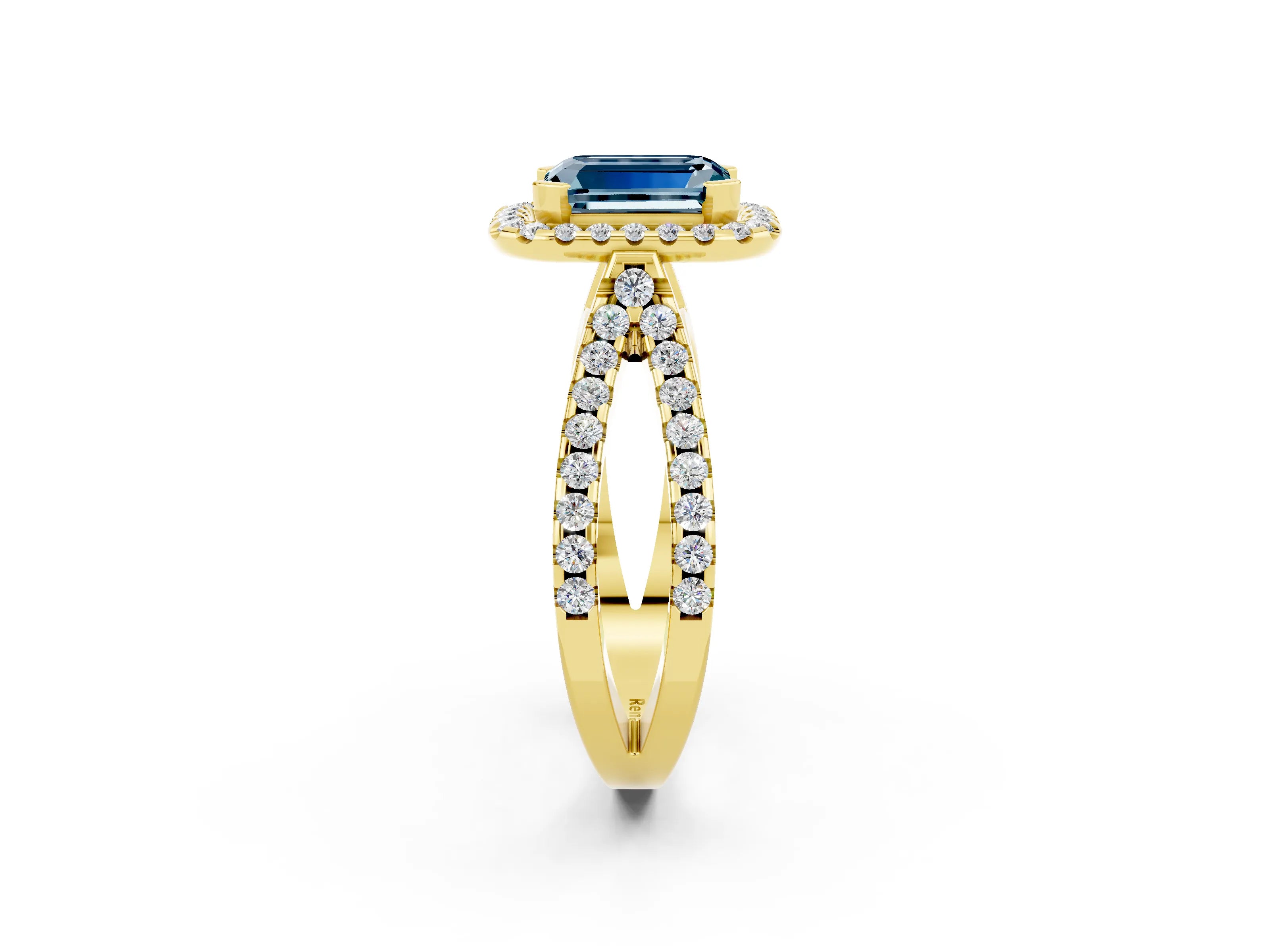 Yellow gold Emerald Cut Aquamarine Halo Ring with Split Shank Pavé Band and Prong Setting_2