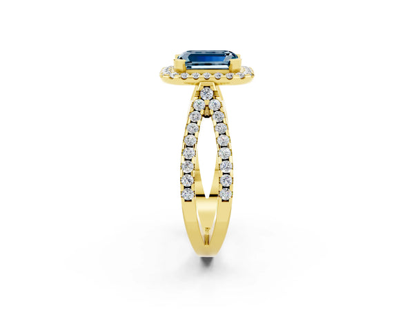 Yellow gold Emerald Cut Aquamarine Halo Ring with Split Shank Pavé Band and Prong Setting