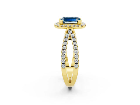 Yellow gold Emerald Cut Aquamarine Halo Ring with Split Shank Pavé Band and Prong Setting_2