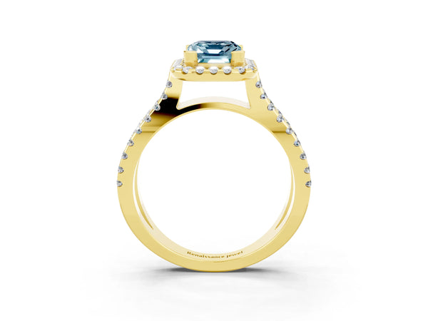 Yellow gold Emerald Cut Aquamarine Halo Ring with Split Shank Pavé Band and Prong Setting
