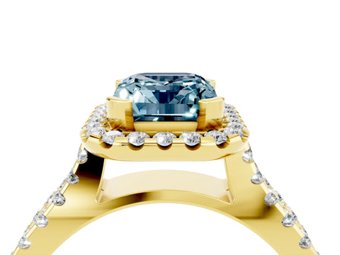 Yellow gold Emerald Cut Aquamarine Halo Ring with Split Shank Pavé Band and Prong Setting_4