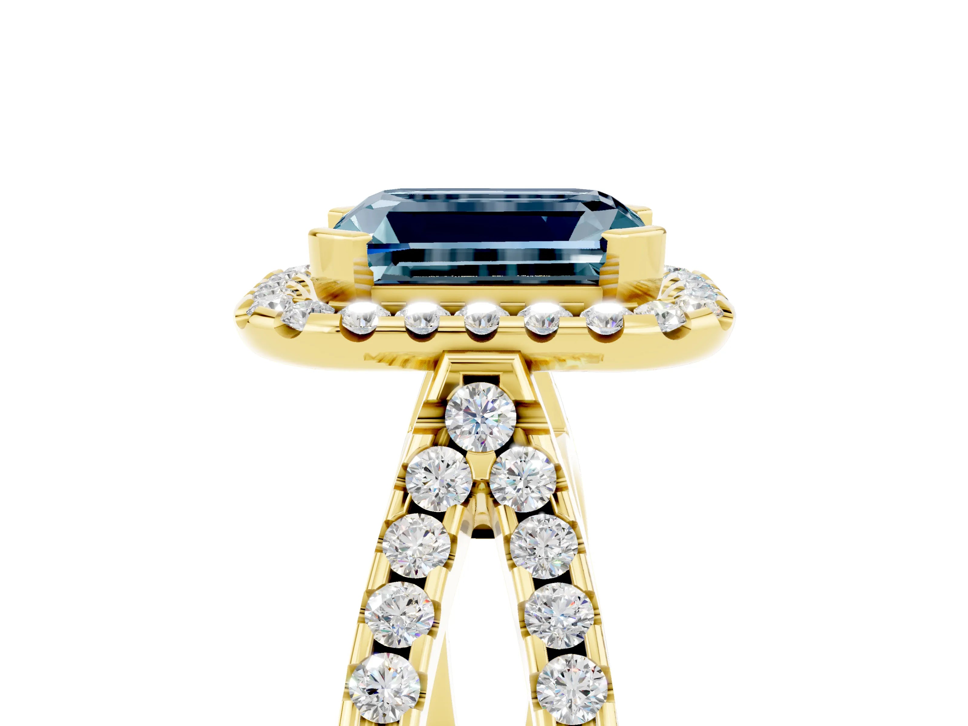 Yellow gold Emerald Cut Aquamarine Halo Ring with Split Shank Pavé Band and Prong Setting_5