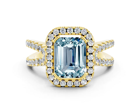 Yellow gold Emerald Cut Aquamarine Halo Ring with Split Shank Pavé Band and Prong Setting