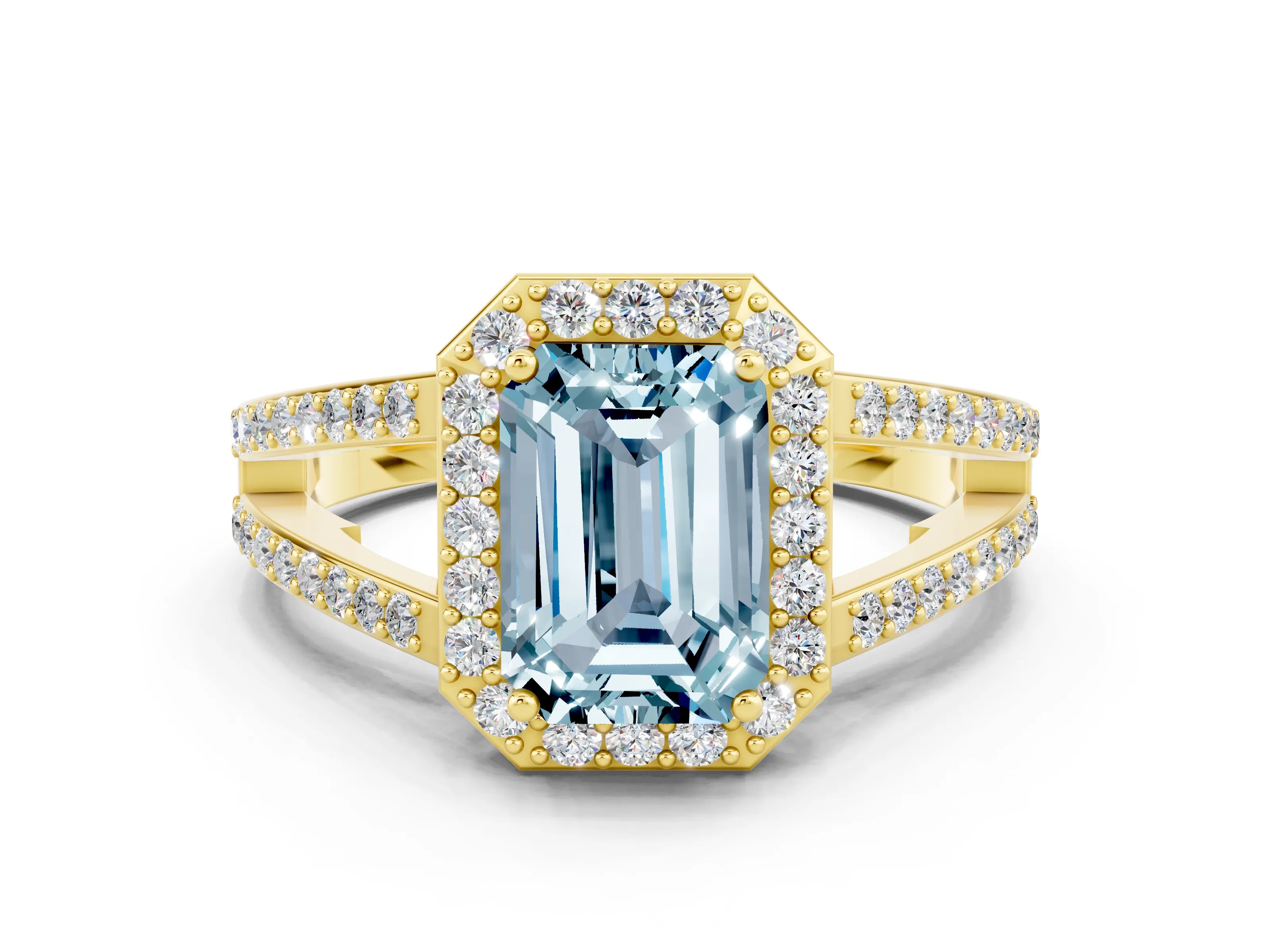 Yellow gold Emerald Cut Aquamarine Halo Ring with Split Shank U-Prong Band and Four-Prong Setting