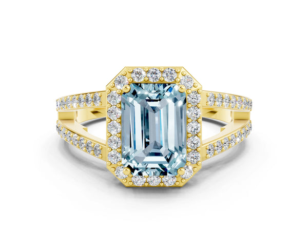 Yellow gold Emerald Cut Aquamarine Halo Ring with Split Shank U-Prong Band and Four-Prong Setting