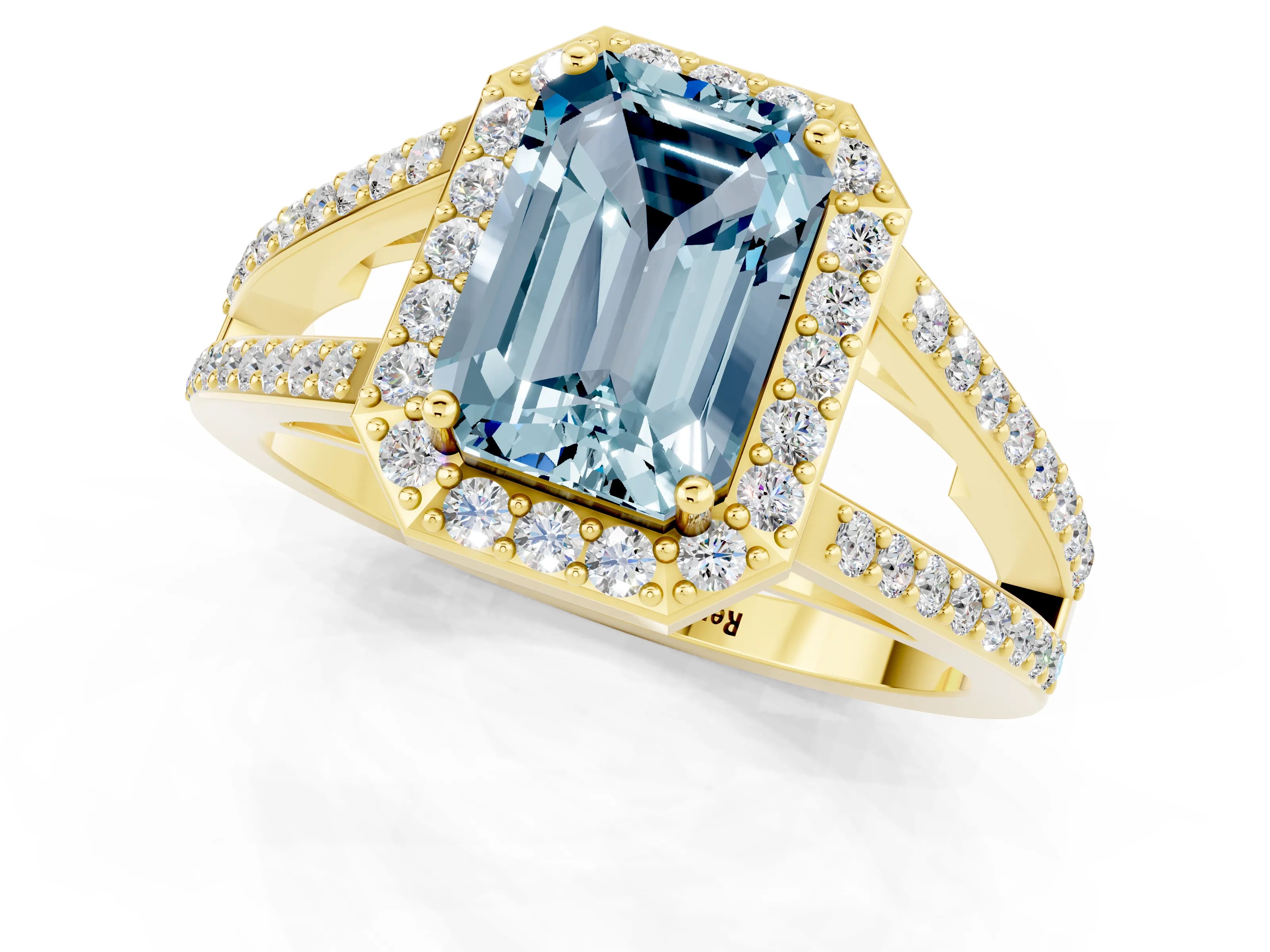 Yellow gold Emerald Cut Aquamarine Halo Ring with Split Shank U-Prong Band and Four-Prong Setting_1
