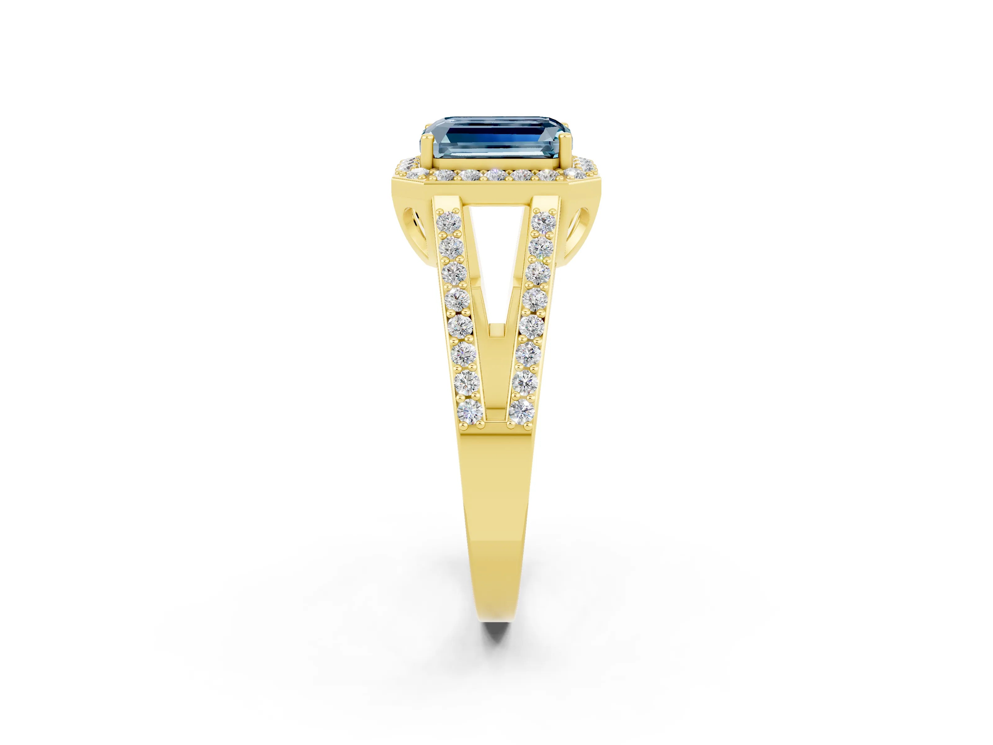 Yellow gold Emerald Cut Aquamarine Halo Ring with Split Shank U-Prong Band and Four-Prong Setting_2