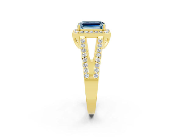 Yellow gold Emerald Cut Aquamarine Halo Ring with Split Shank U-Prong Band and Four-Prong Setting
