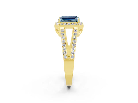 Yellow gold Emerald Cut Aquamarine Halo Ring with Split Shank U-Prong Band and Four-Prong Setting_2