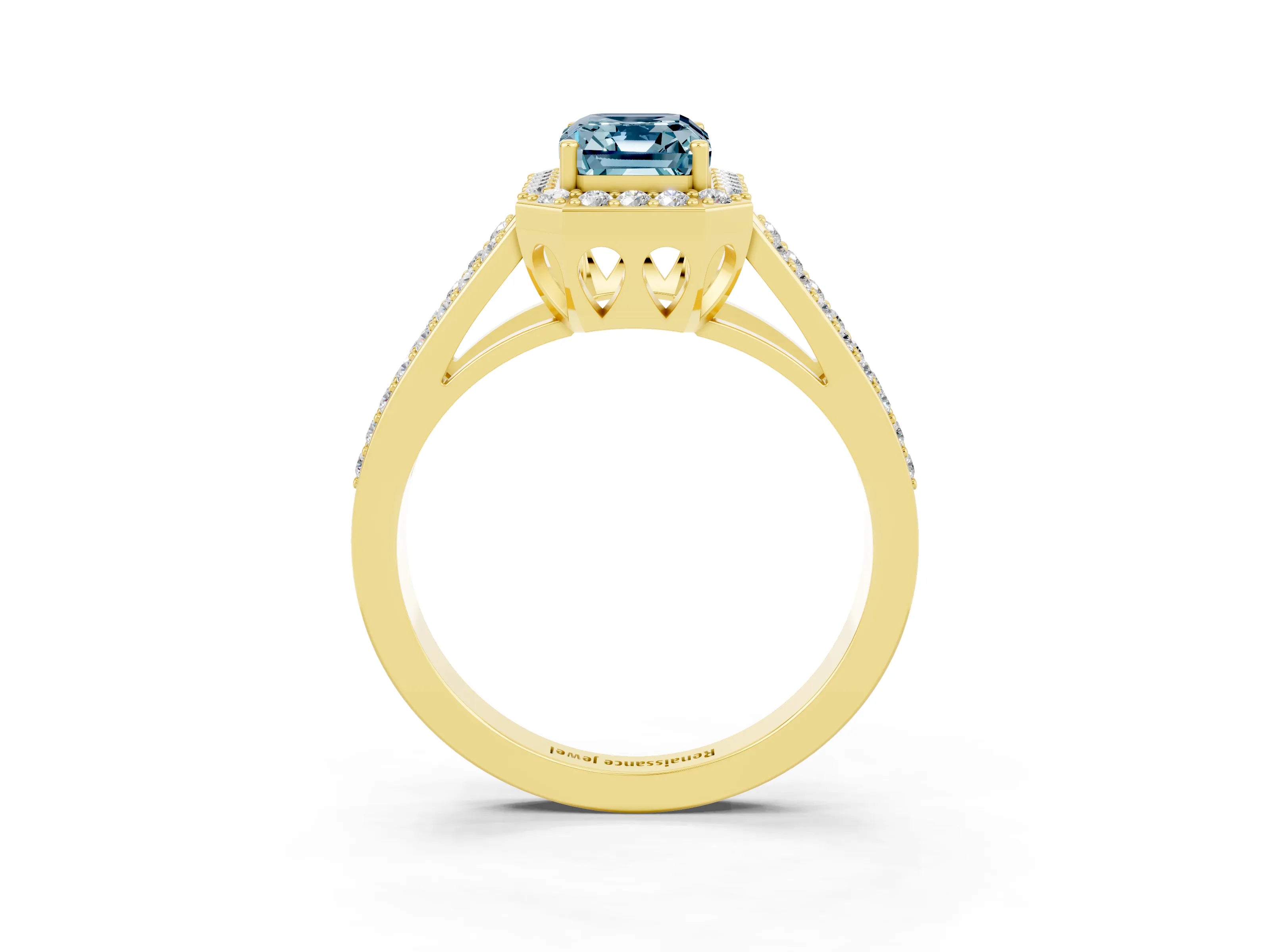 Yellow gold Emerald Cut Aquamarine Halo Ring with Split Shank U-Prong Band and Four-Prong Setting_3