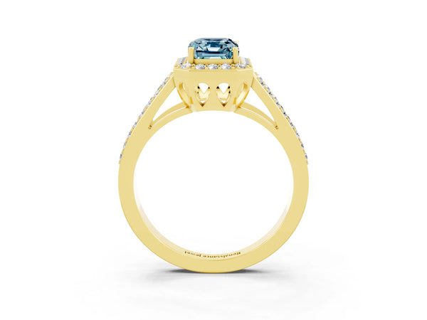 Yellow gold Emerald Cut Aquamarine Halo Ring with Split Shank U-Prong Band and Four-Prong Setting