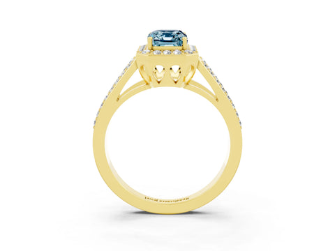 Yellow gold Emerald Cut Aquamarine Halo Ring with Split Shank U-Prong Band and Four-Prong Setting_3