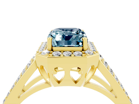 Yellow gold Emerald Cut Aquamarine Halo Ring with Split Shank U-Prong Band and Four-Prong Setting_4