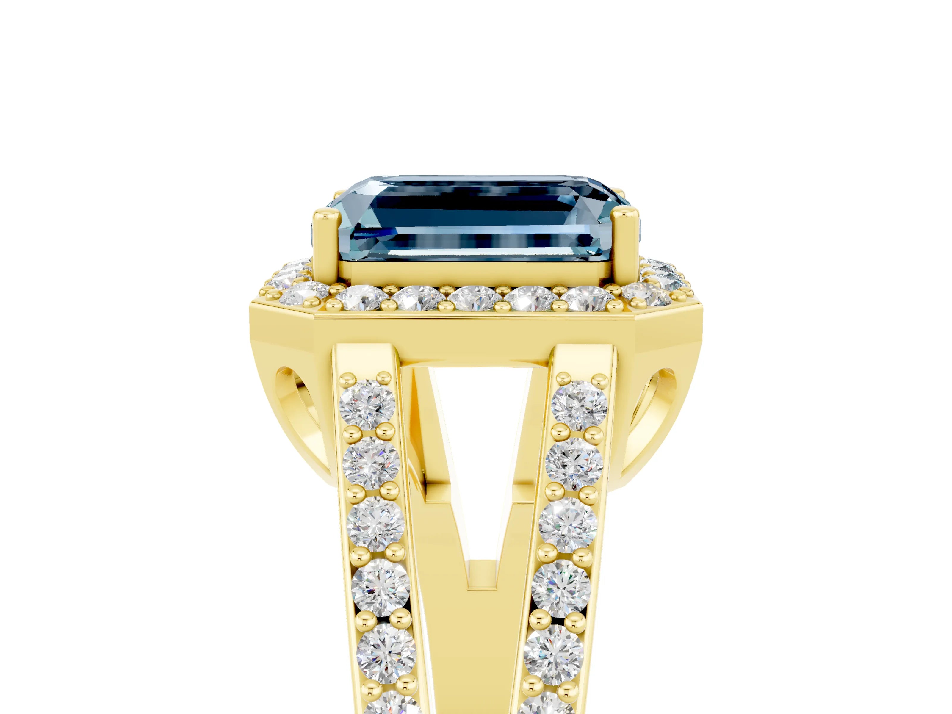 Yellow gold Emerald Cut Aquamarine Halo Ring with Split Shank U-Prong Band and Four-Prong Setting_5