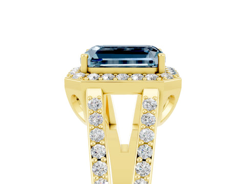 Yellow gold Emerald Cut Aquamarine Halo Ring with Split Shank U-Prong Band and Four-Prong Setting_5