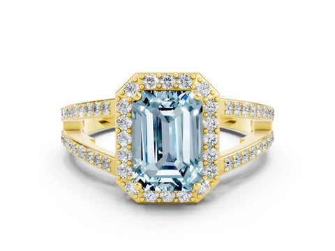 Yellow gold Emerald Cut Aquamarine Halo Ring with Split Shank U-Prong Band and Four-Prong Setting