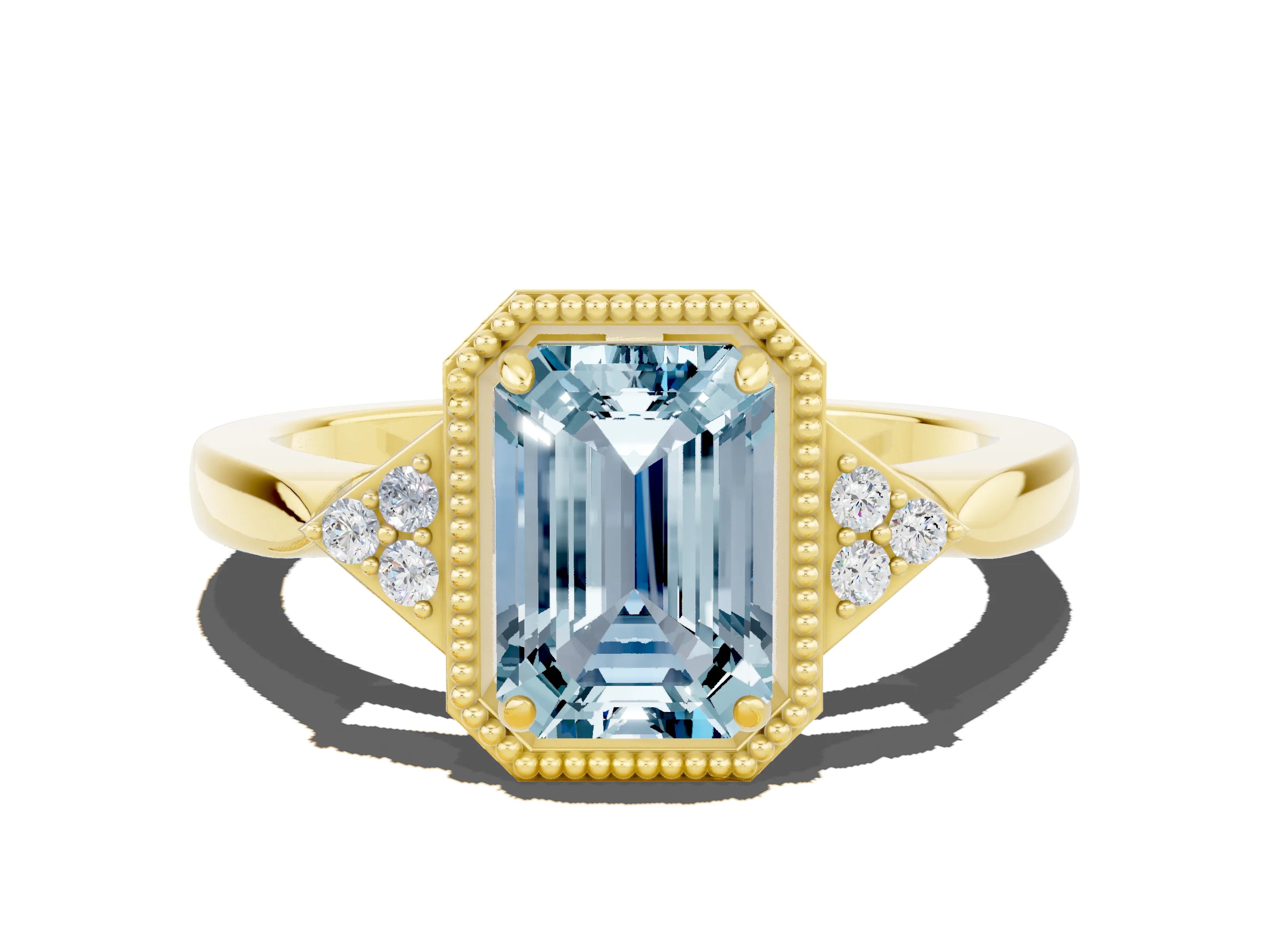 Yellow gold Emerald Cut Aquamarine Halo Ring with Tapered Band and Four-Prong Setting