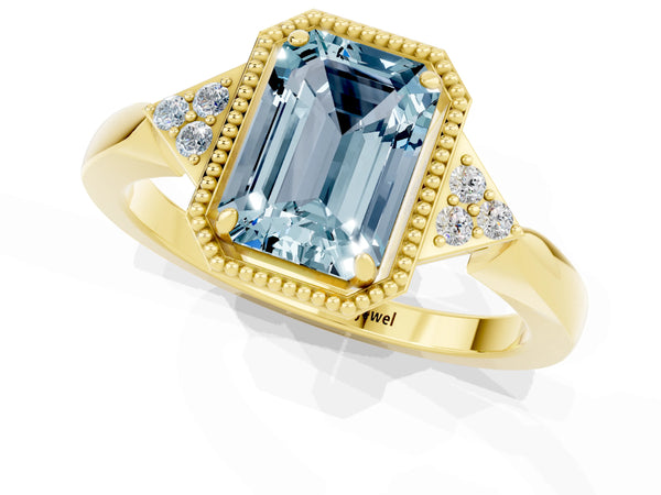 Yellow gold Emerald Cut Aquamarine Halo Ring with Tapered Band and Four-Prong Setting