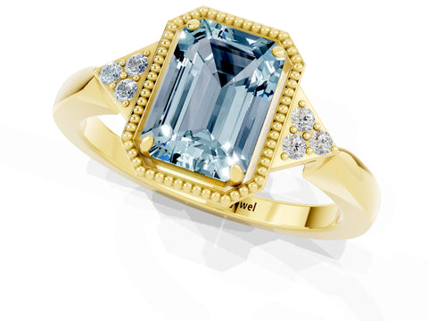 Yellow gold Emerald Cut Aquamarine Halo Ring with Tapered Band and Four-Prong Setting_1