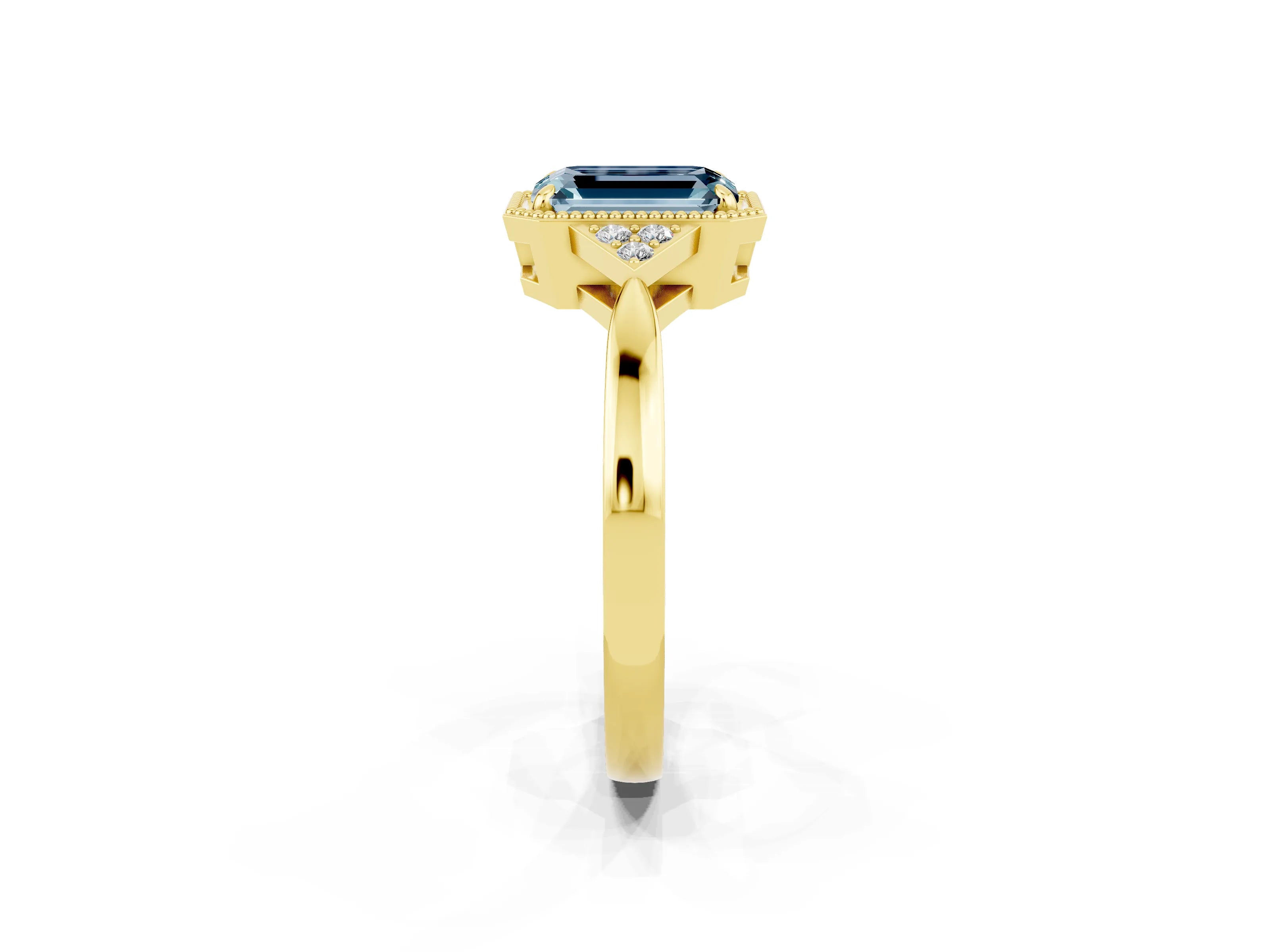 Yellow gold Emerald Cut Aquamarine Halo Ring with Tapered Band and Four-Prong Setting_2