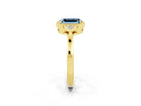 Yellow gold Emerald Cut Aquamarine Halo Ring with Tapered Band and Four-Prong Setting_2