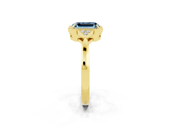 Yellow gold Emerald Cut Aquamarine Halo Ring with Tapered Band and Four-Prong Setting