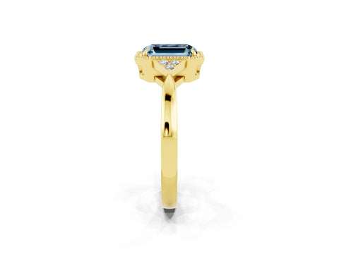 Yellow gold Emerald Cut Aquamarine Halo Ring with Tapered Band and Four-Prong Setting_2