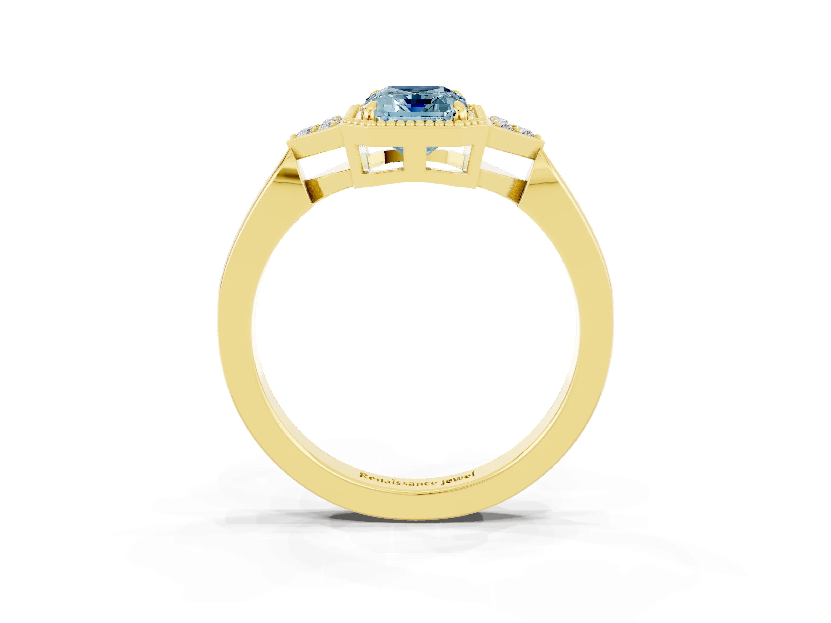 Yellow gold Emerald Cut Aquamarine Halo Ring with Tapered Band and Four-Prong Setting_3