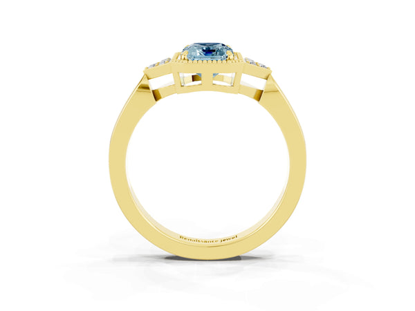 Yellow gold Emerald Cut Aquamarine Halo Ring with Tapered Band and Four-Prong Setting
