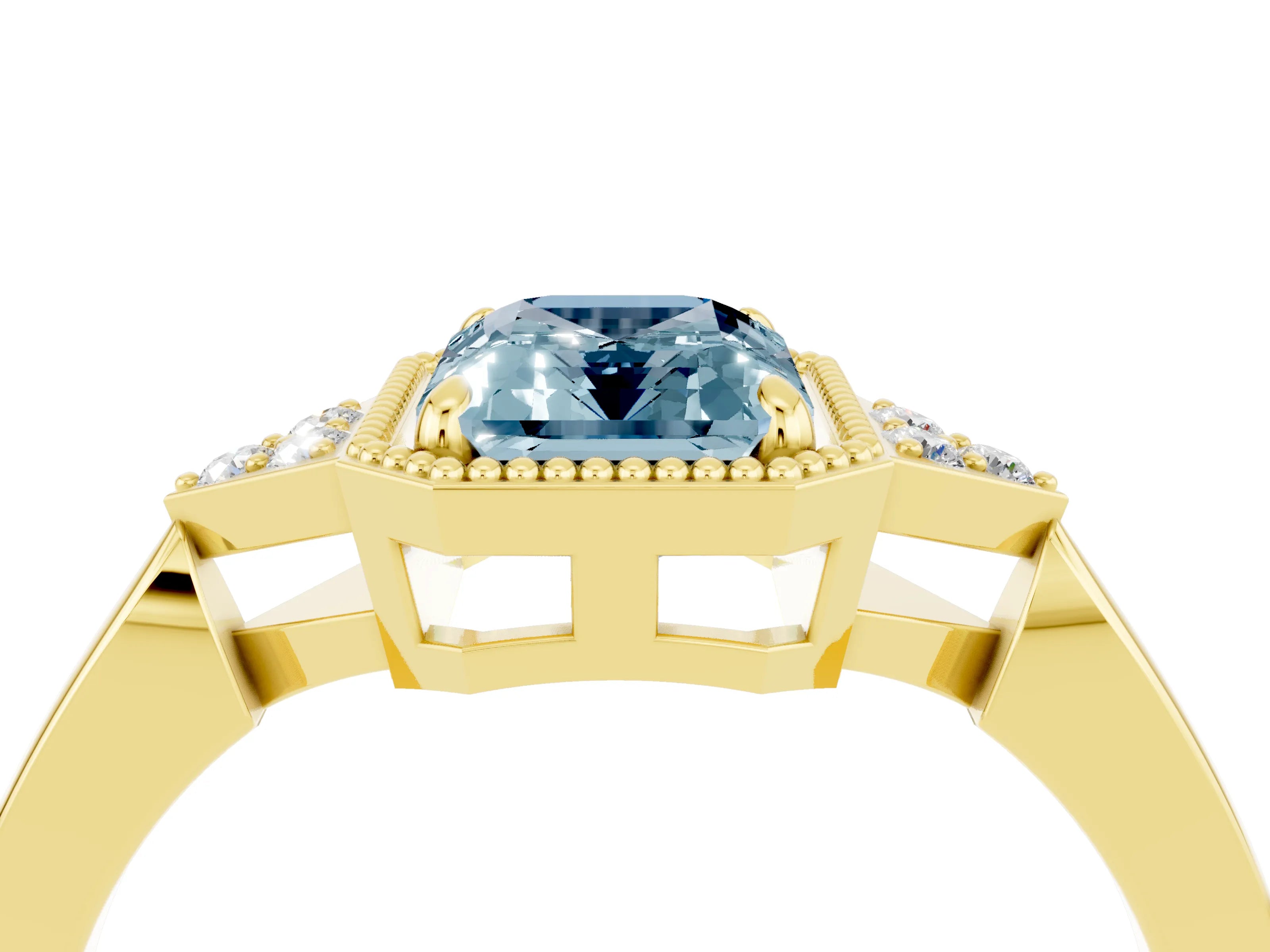 Yellow gold Emerald Cut Aquamarine Halo Ring with Tapered Band and Four-Prong Setting_4