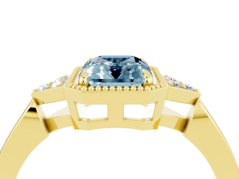 Yellow gold Emerald Cut Aquamarine Halo Ring with Tapered Band and Four-Prong Setting_4