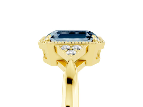 Yellow gold Emerald Cut Aquamarine Halo Ring with Tapered Band and Four-Prong Setting_5