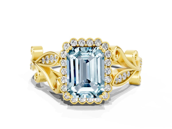 Yellow gold Emerald Cut Aquamarine Halo Ring with Vintage Split Shank and Four-Prong Setting