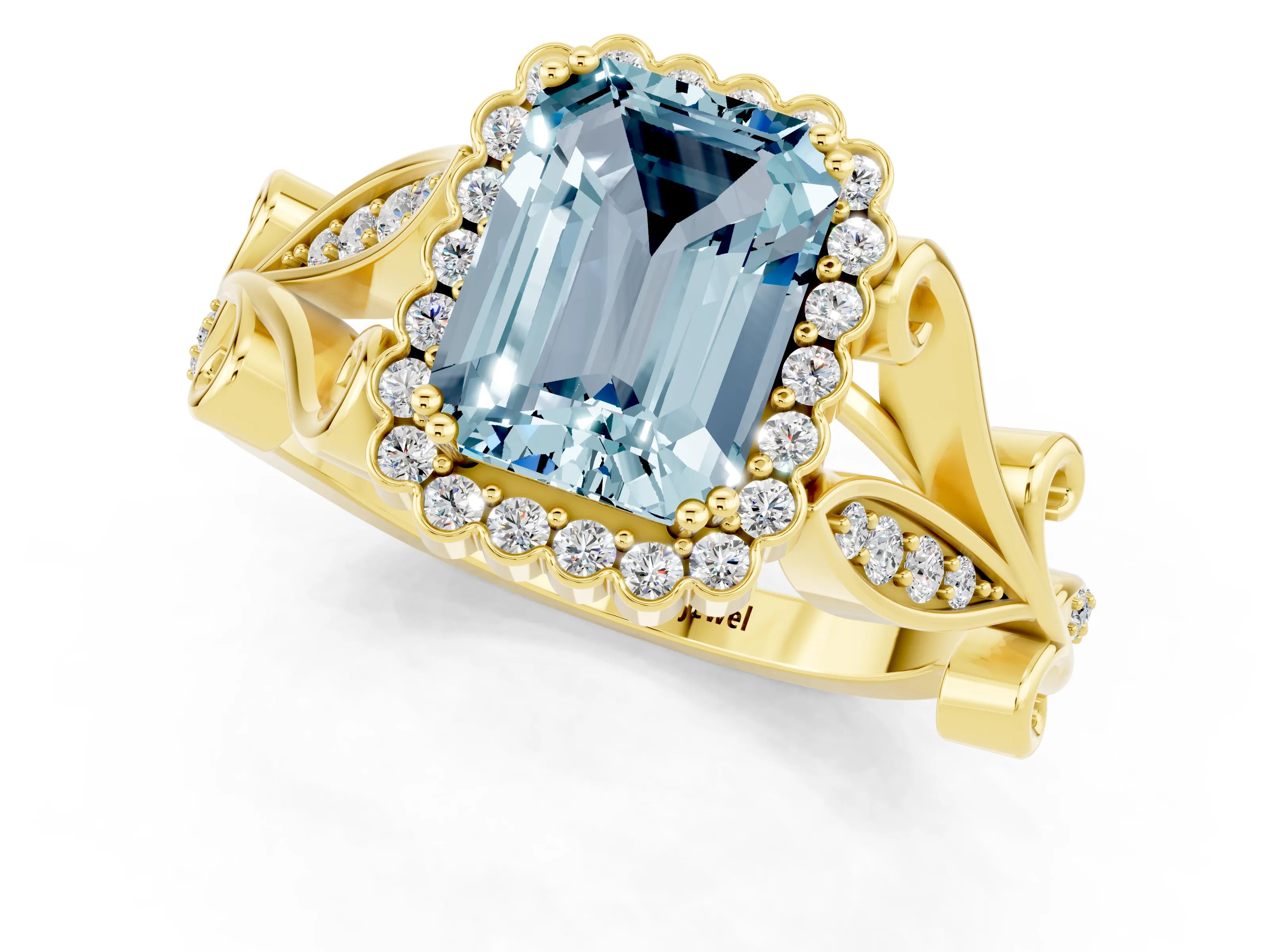 Yellow gold Emerald Cut Aquamarine Halo Ring with Vintage Split Shank and Four-Prong Setting_1