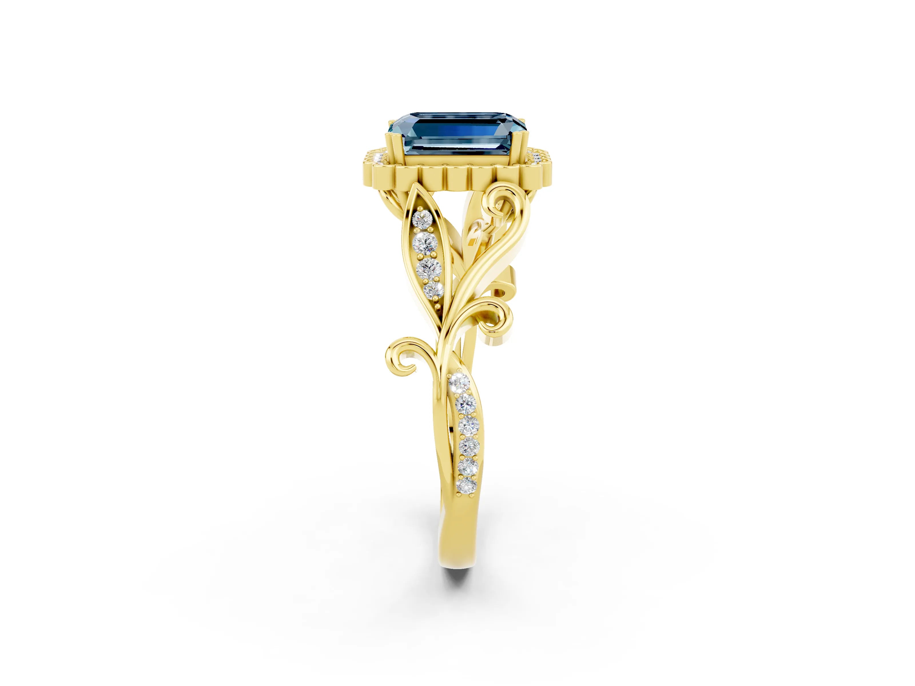 Yellow gold Emerald Cut Aquamarine Halo Ring with Vintage Split Shank and Four-Prong Setting_2