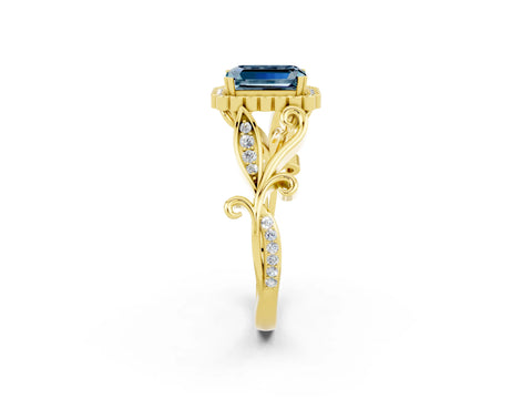 Yellow gold Emerald Cut Aquamarine Halo Ring with Vintage Split Shank and Four-Prong Setting_2