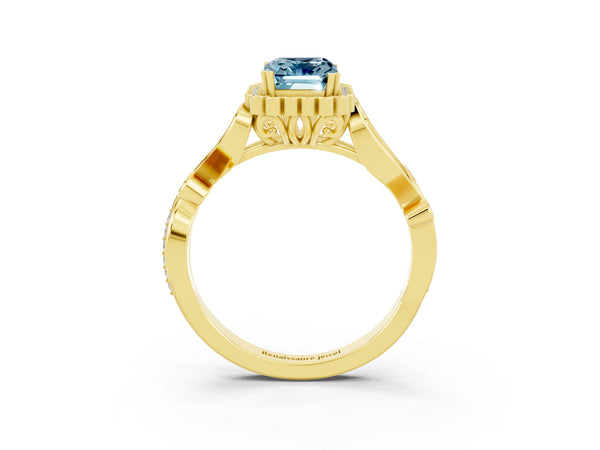 Yellow gold Emerald Cut Aquamarine Halo Ring with Vintage Split Shank and Four-Prong Setting