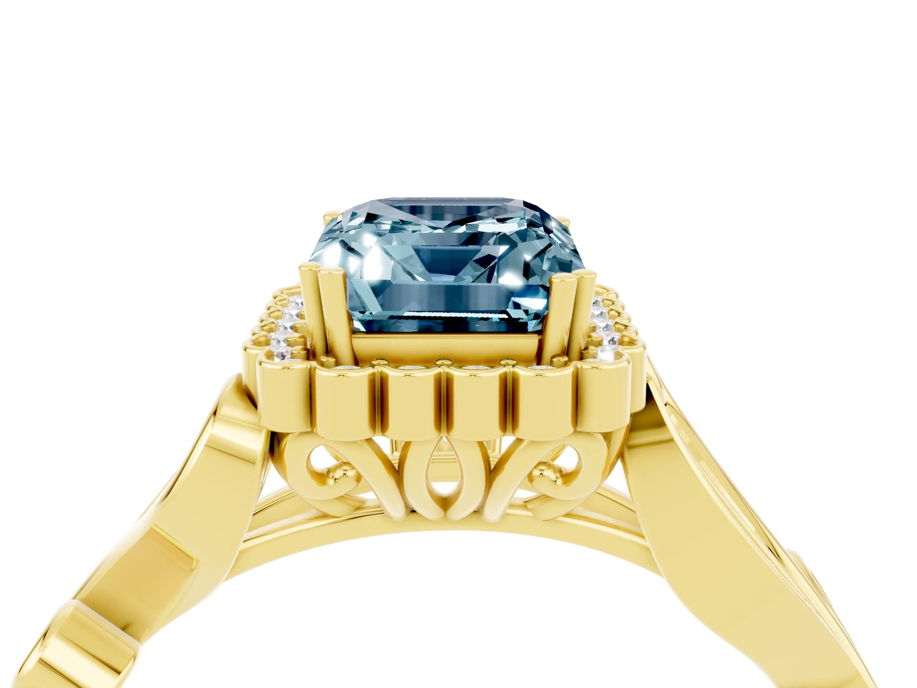 Yellow gold Emerald Cut Aquamarine Halo Ring with Vintage Split Shank and Four-Prong Setting_4