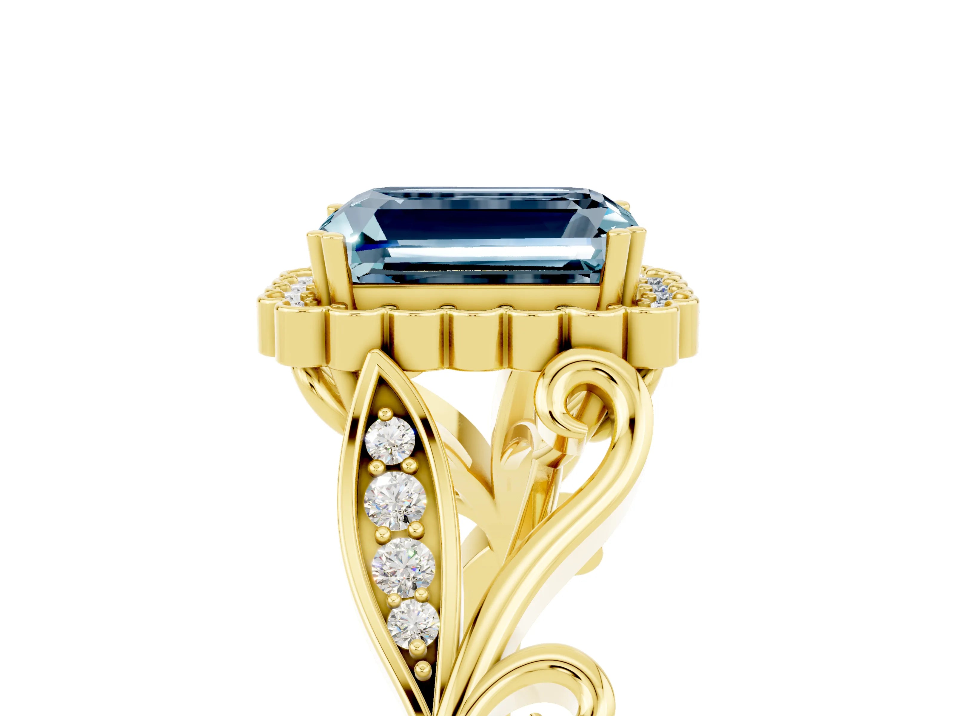 Yellow gold Emerald Cut Aquamarine Halo Ring with Vintage Split Shank and Four-Prong Setting_5