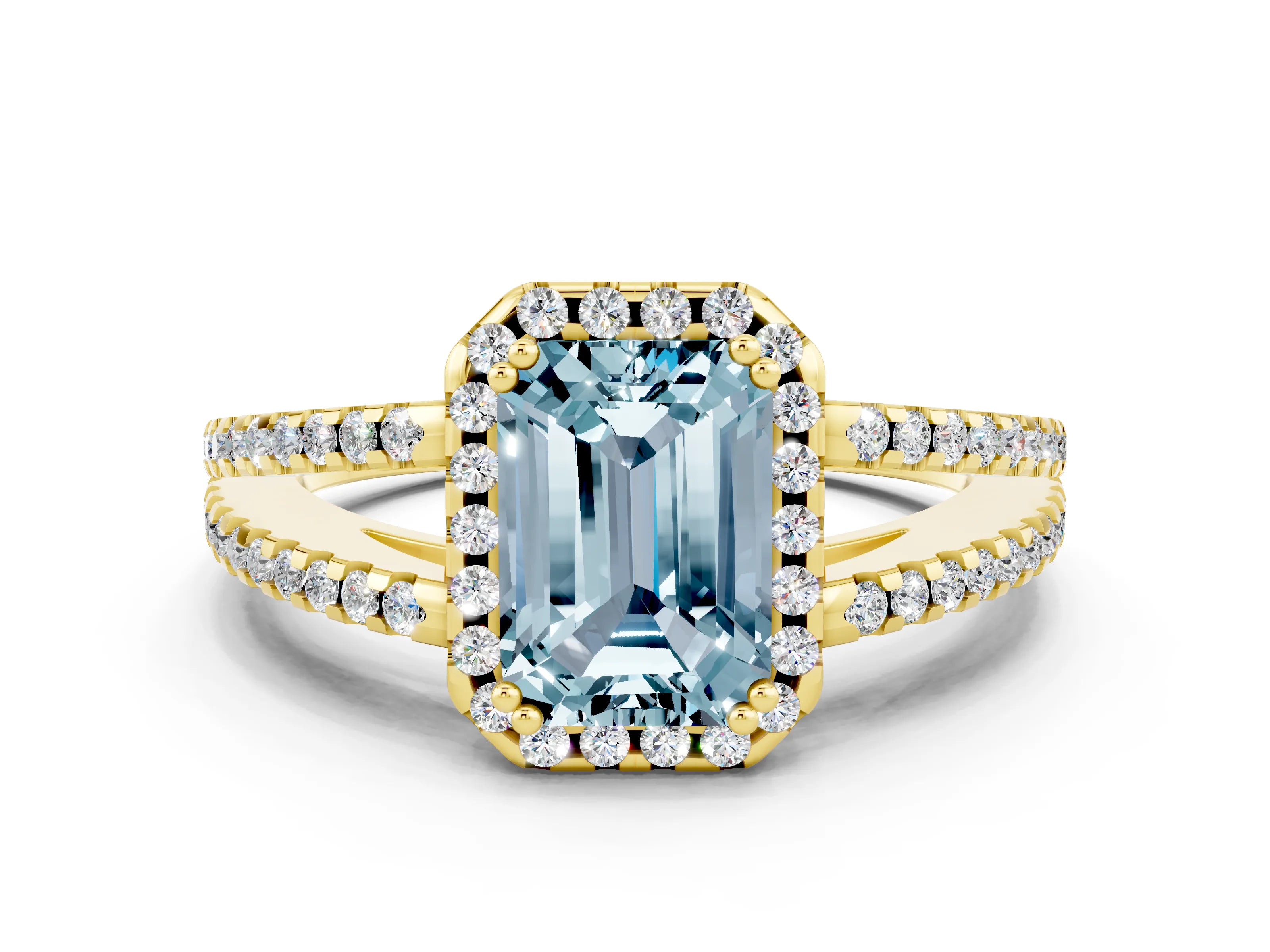 Yellow gold Emerald Cut Aquamarine Halo Split Shank Engagement Ring_12