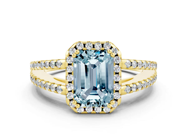 Yellow gold Emerald Cut Aquamarine Halo Split Shank Engagement Ring