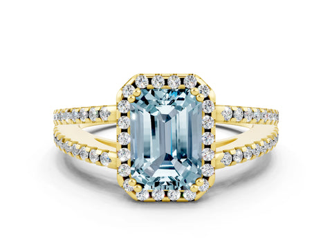Yellow gold Emerald Cut Aquamarine Halo Split Shank Engagement Ring_12