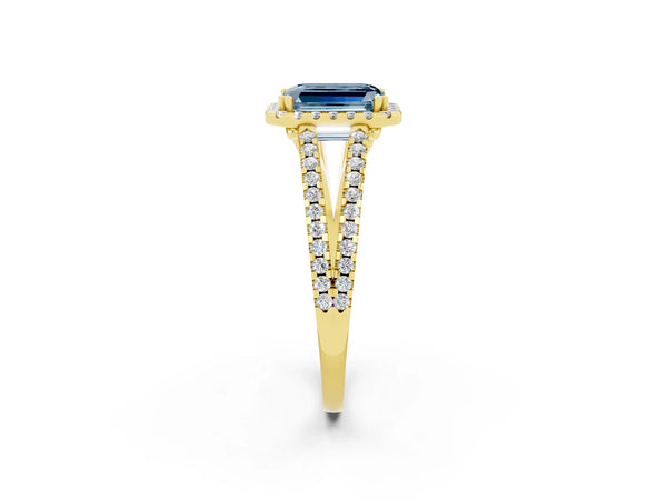 Yellow gold Emerald Cut Aquamarine Halo Split Shank Engagement Ring
