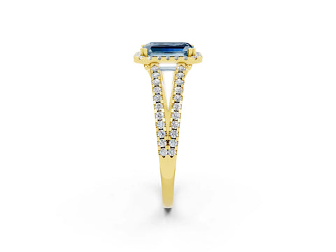 Yellow gold Emerald Cut Aquamarine Halo Split Shank Engagement Ring_14
