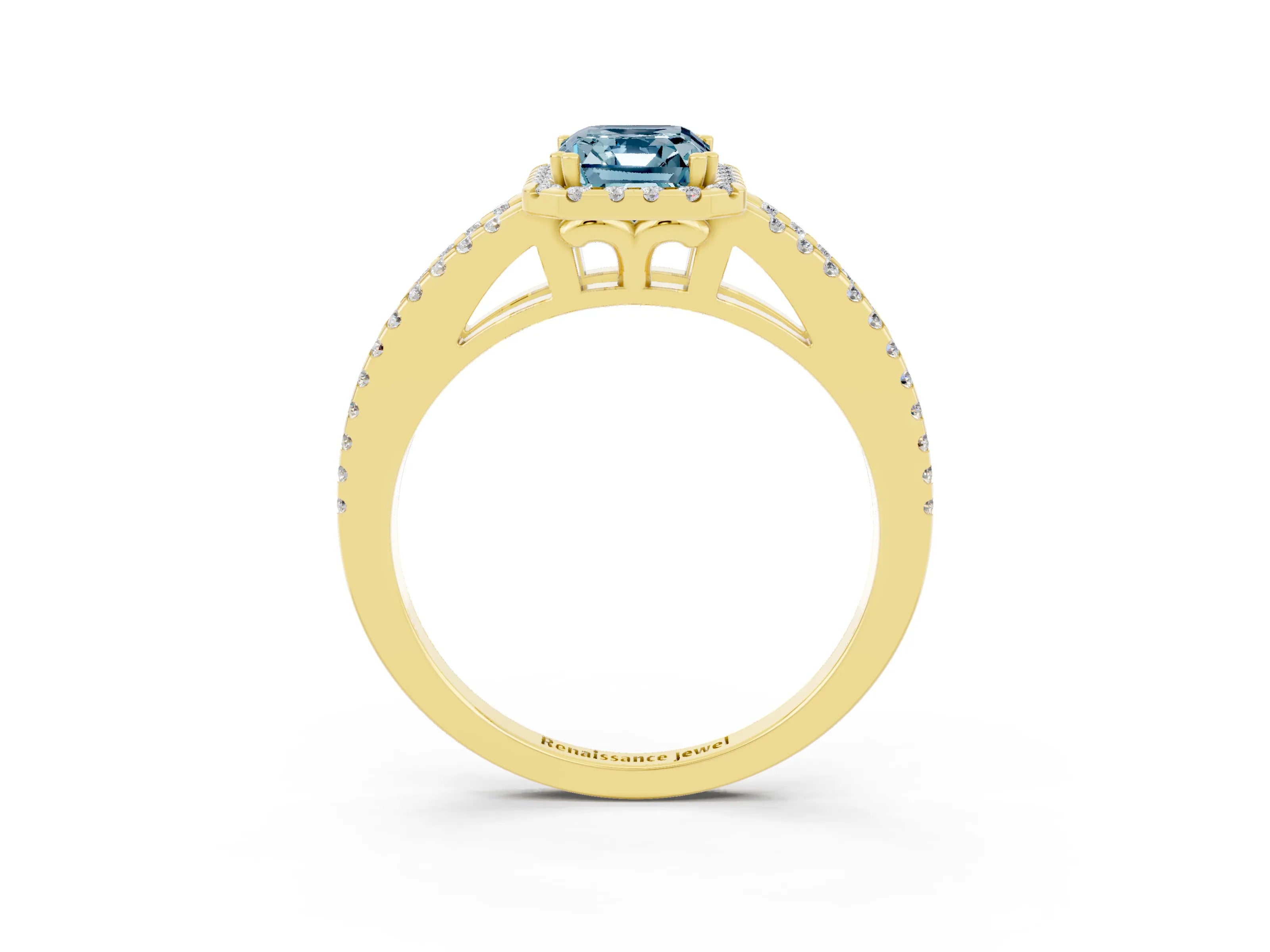 Yellow gold Emerald Cut Aquamarine Halo Split Shank Engagement Ring_15