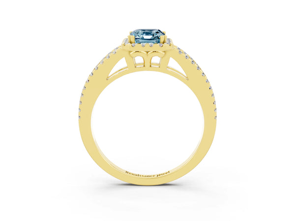 Yellow gold Emerald Cut Aquamarine Halo Split Shank Engagement Ring