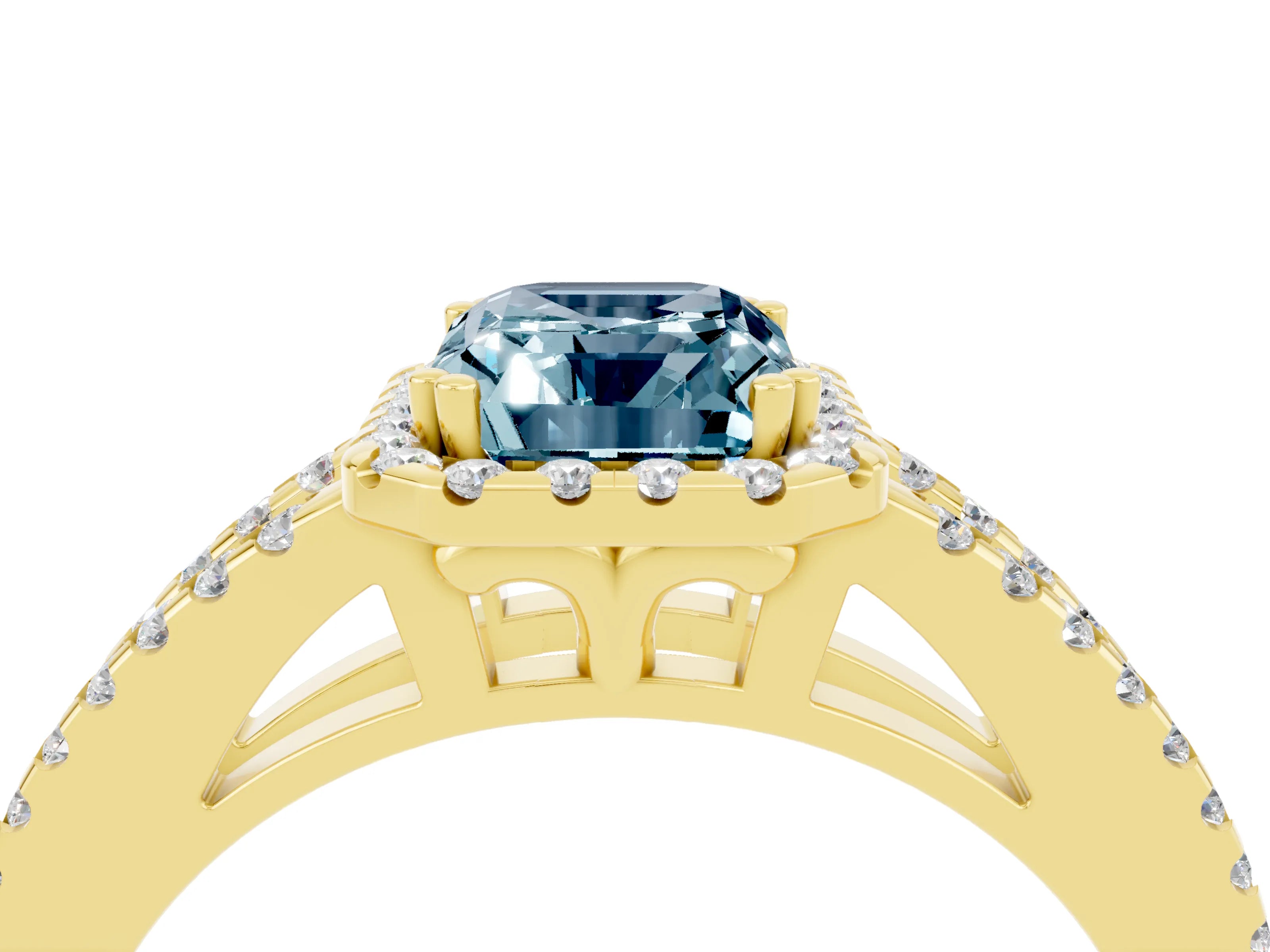 Yellow gold Emerald Cut Aquamarine Halo Split Shank Engagement Ring_16