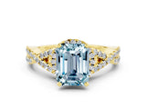 Yellow gold Emerald Cut Aquamarine Halo Twist Band Solitaire Prong Setting Ring